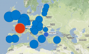 Salaire minimum en France-rouge, Salaire minimum en Bulgarie-bleu foncé